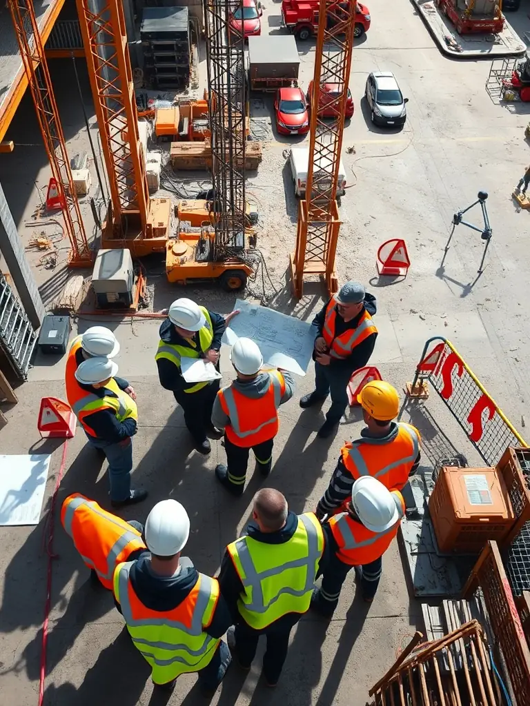 A high-angle, medium shot of a commercial construction site with ObraElite's team overseeing the progress, focusing on the organized workflow and safety measures.
