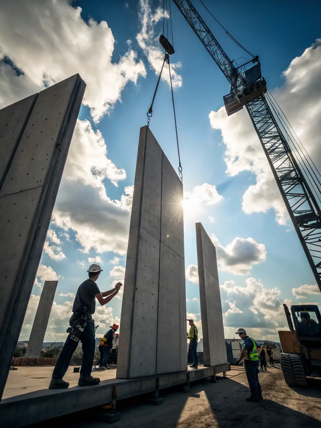 A high-angle shot of a construction site where ObraElite is building a modern commercial building, showcasing advanced machinery and skilled workers in action.