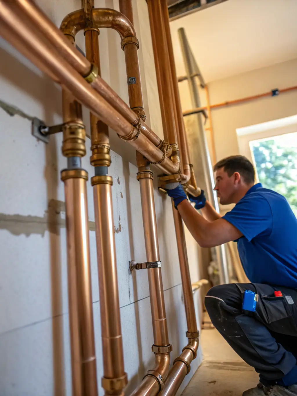 A close-up shot of a skilled ObraElite worker installing intricate piping in a residential building, highlighting the attention to detail and quality craftsmanship.