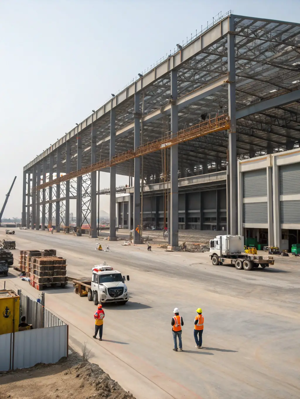 A wide shot of an ObraElite industrial warehouse construction project, highlighting the scale, efficiency, and robust design of the facility.