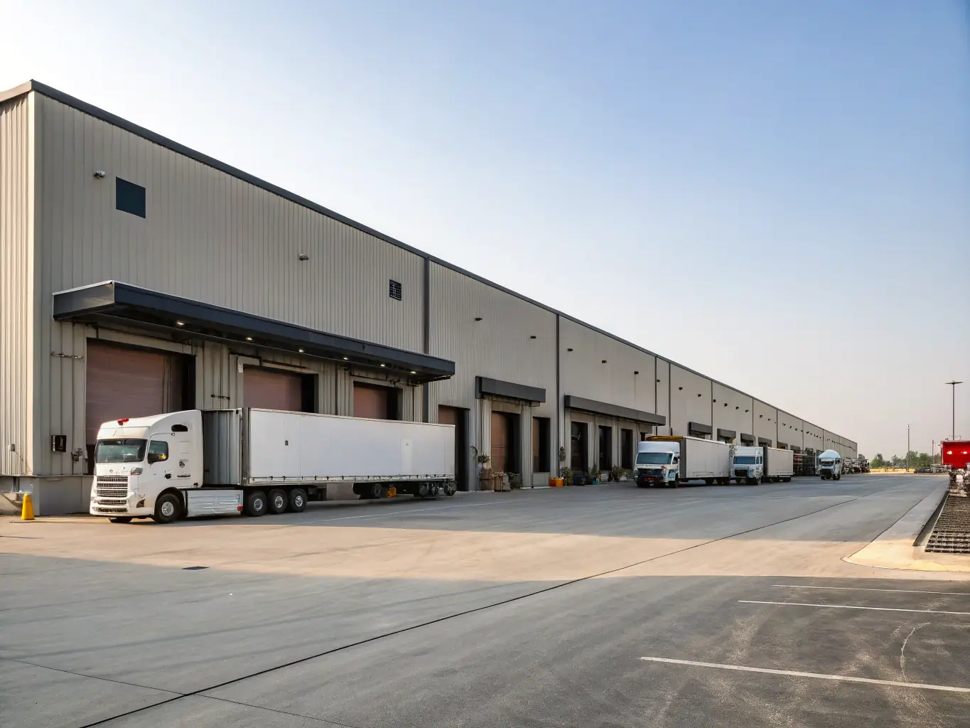 An aerial view of a sprawling industrial warehouse facility, highlighting its size, efficiency, and strategic location for logistics and manufacturing operations.