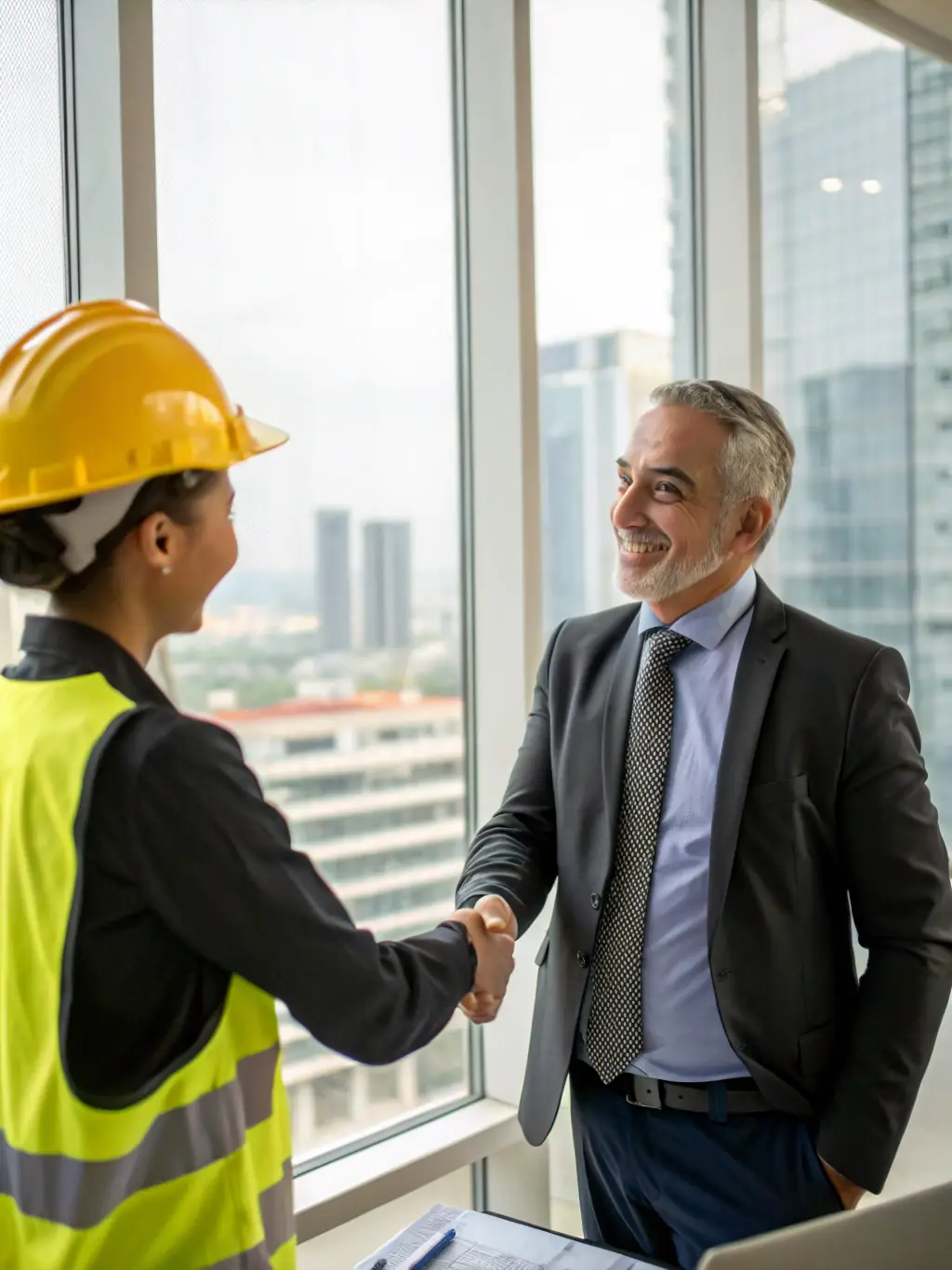 A satisfied client shaking hands with an ObraElite project manager, symbolizing trust and successful partnerships.