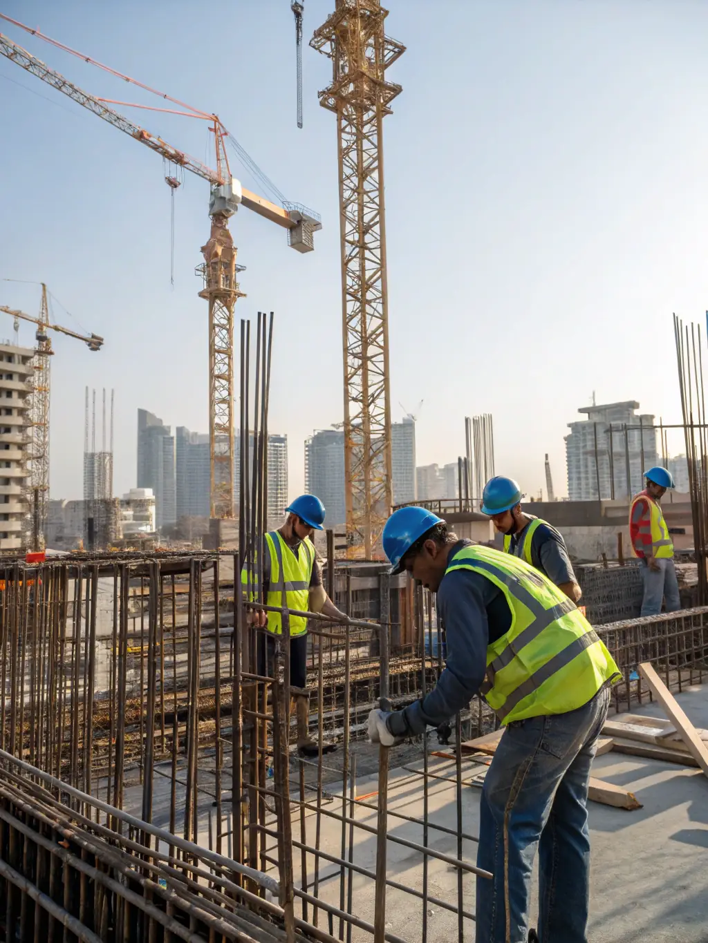 A construction site where workers are collaborating efficiently, showcasing ObraElite's teamwork and project management skills.