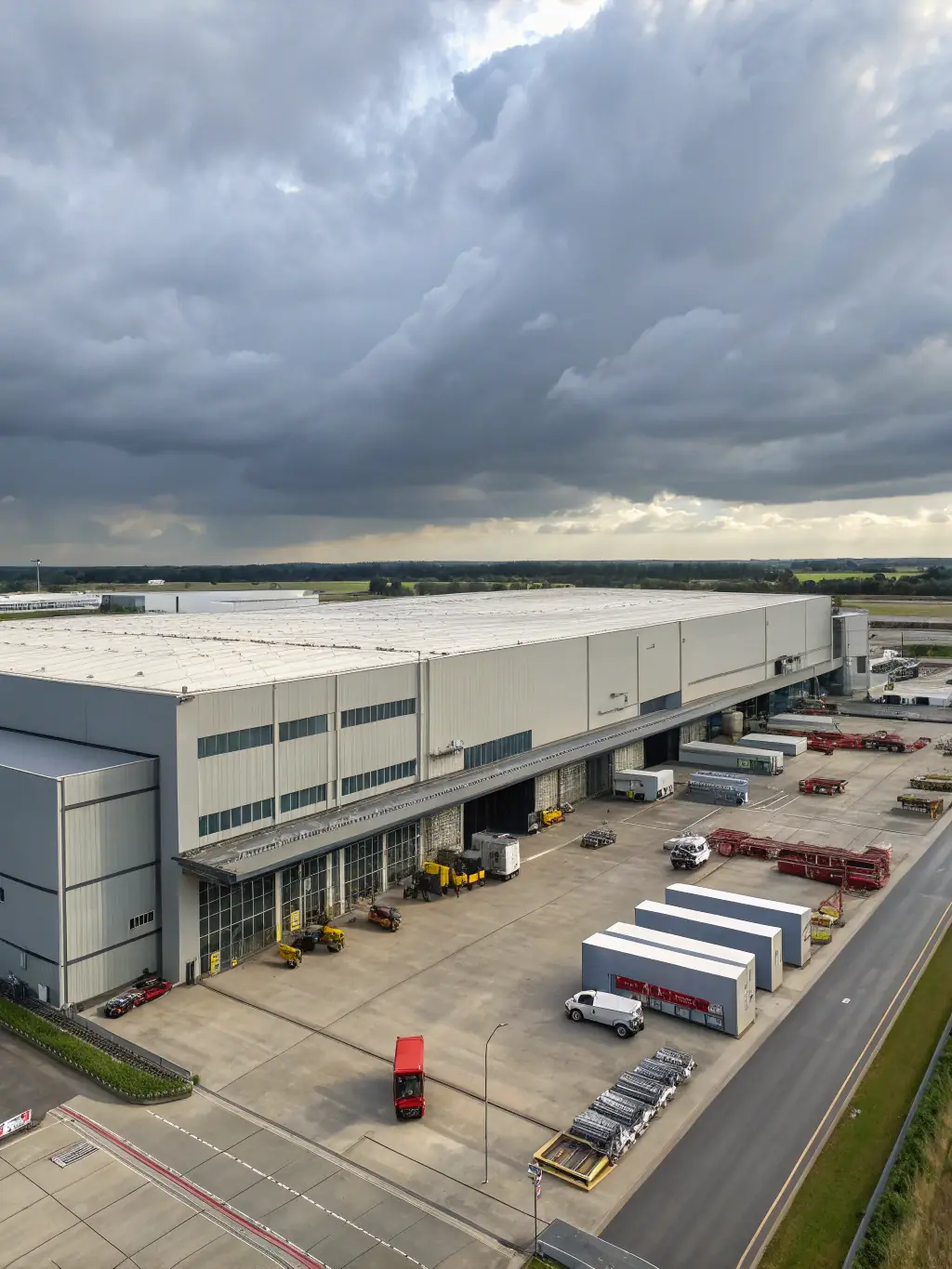 A minimalist icon representing industrial construction, depicting a warehouse structure with robust features and a focus on functionality and efficiency.