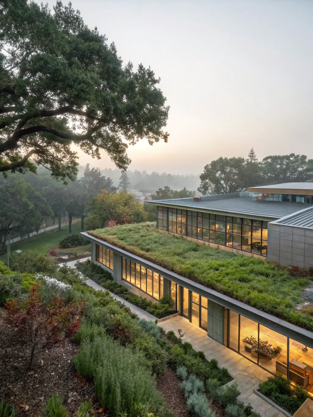 A minimalist icon representing sustainable construction, showcasing a building integrated with green elements, symbolizing eco-friendly practices and energy efficiency.