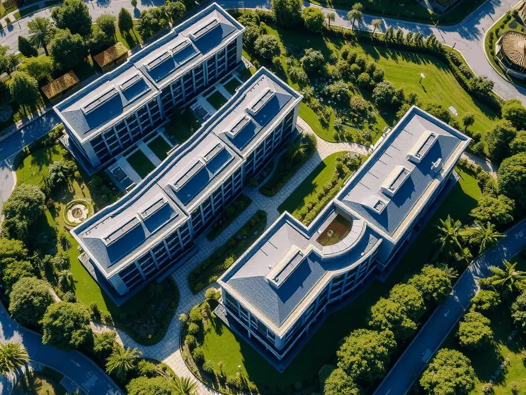 An aerial view of a luxury residential complex under construction, showcasing modern design and meticulous planning.