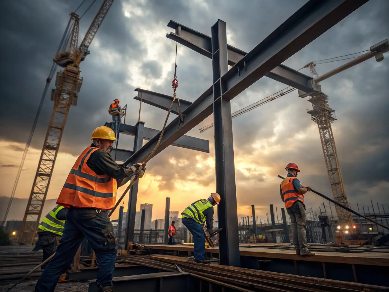 A construction site with workers collaborating on the steel framework of a high-rise building, emphasizing teamwork and structural precision.