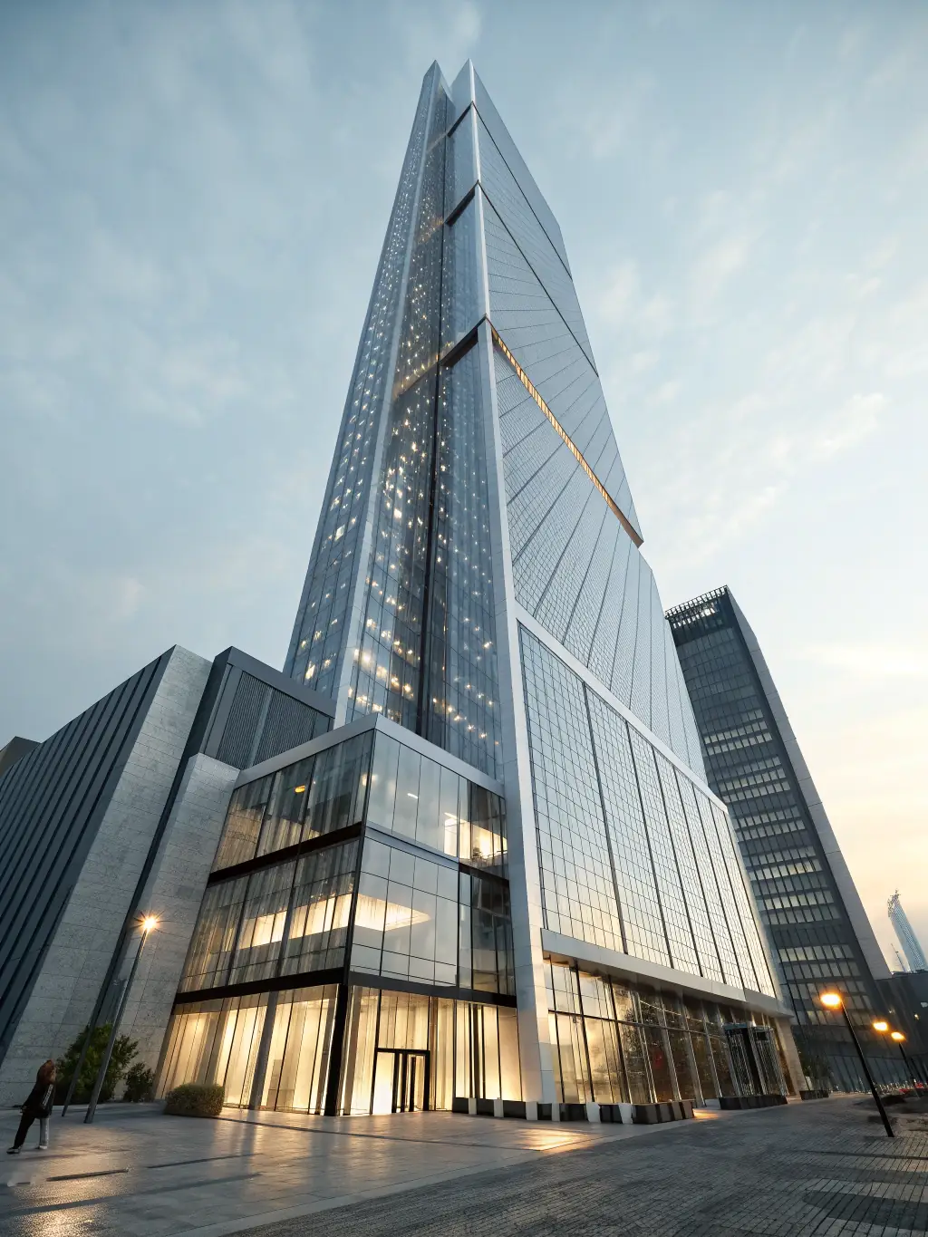 A minimalist icon representing commercial construction, featuring a skyscraper silhouette with clean lines and a modern aesthetic, set against a dark background to convey prestige.